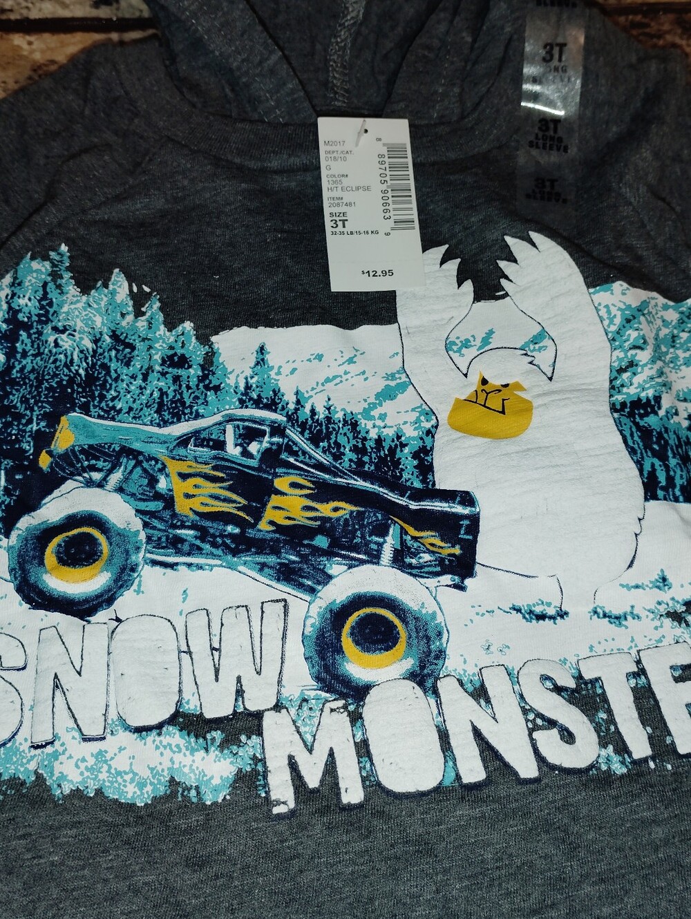 Carter's 3t Gray Snow Monster Hooded Tee with Blue Accents Nwt - Picture 4 of 5